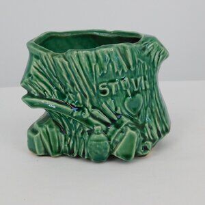 McCoy Art Pottery Green Tree Stump Planter Vase USA Heart Axe Initials Vintage